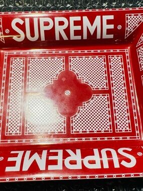 Supreme Red Tray with White Logo and Geometric Pattern